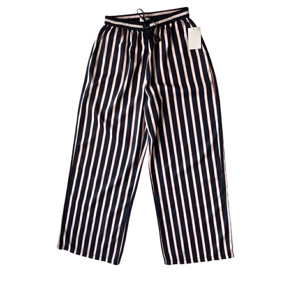 Madisonne Womens Blue Striped Drawstring Wide leg Pants Size S